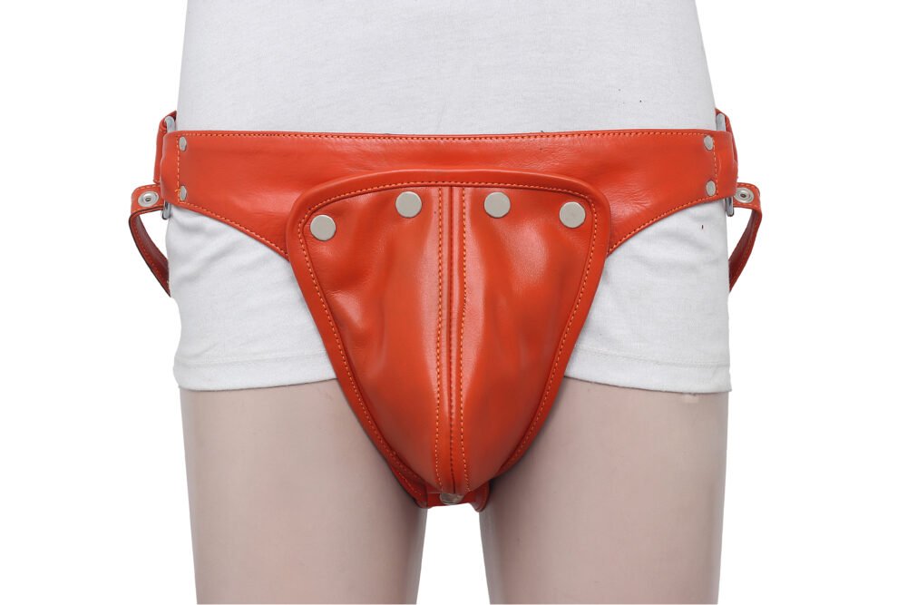 Orange Leather Jockstrap with Silver Snaps and O-rings