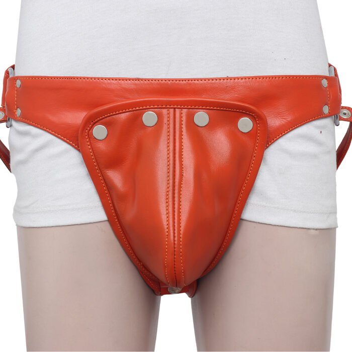 Orange Leather Jockstrap with Silver Snaps and O-rings