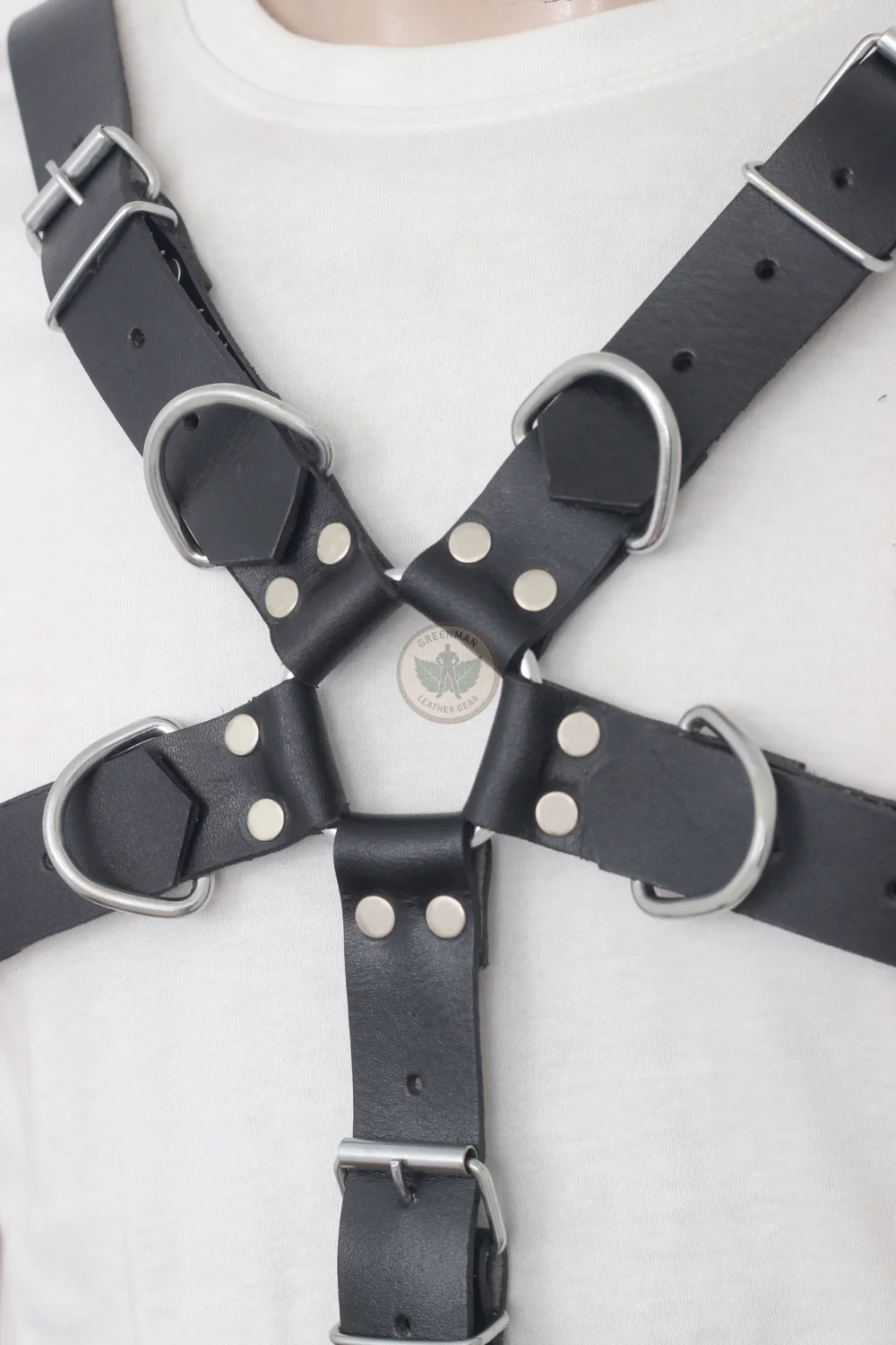 Leather chest harness, leather harness, men wearing harness on chest, leather harness for men, leather cock ring harness