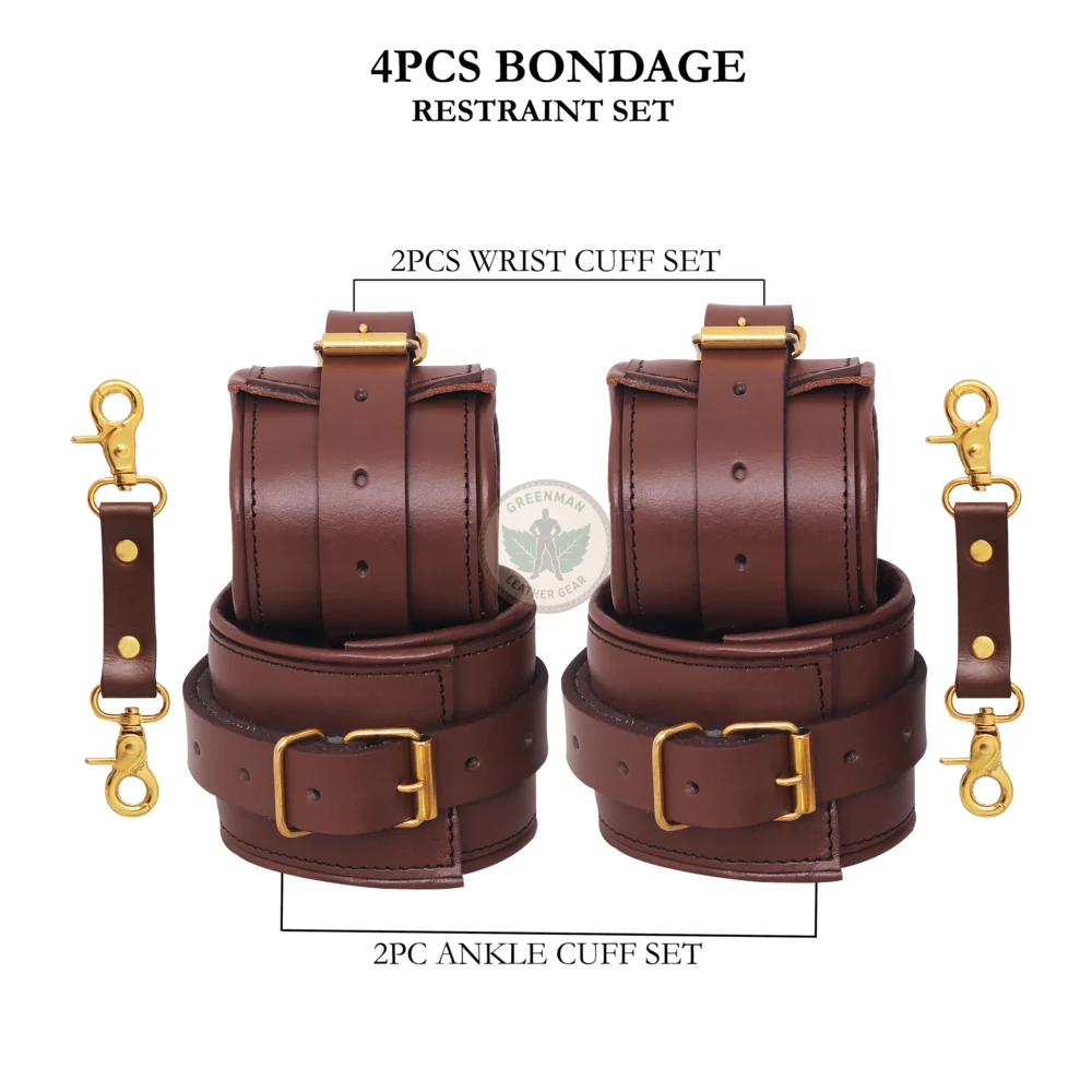 Genuine Leather Handcuffs Set, Leather Handcuffs, Leather ankle cuffs, leather BDSM handcuffs, 7-Piece Handcuffs Set