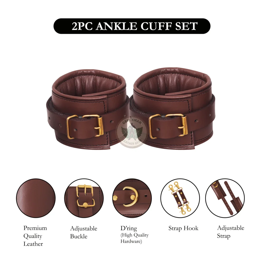 Genuine Leather Handcuffs Set, Leather Handcuffs, Leather ankle cuffs, leather BDSM handcuffs, 7-Piece Handcuffs Set