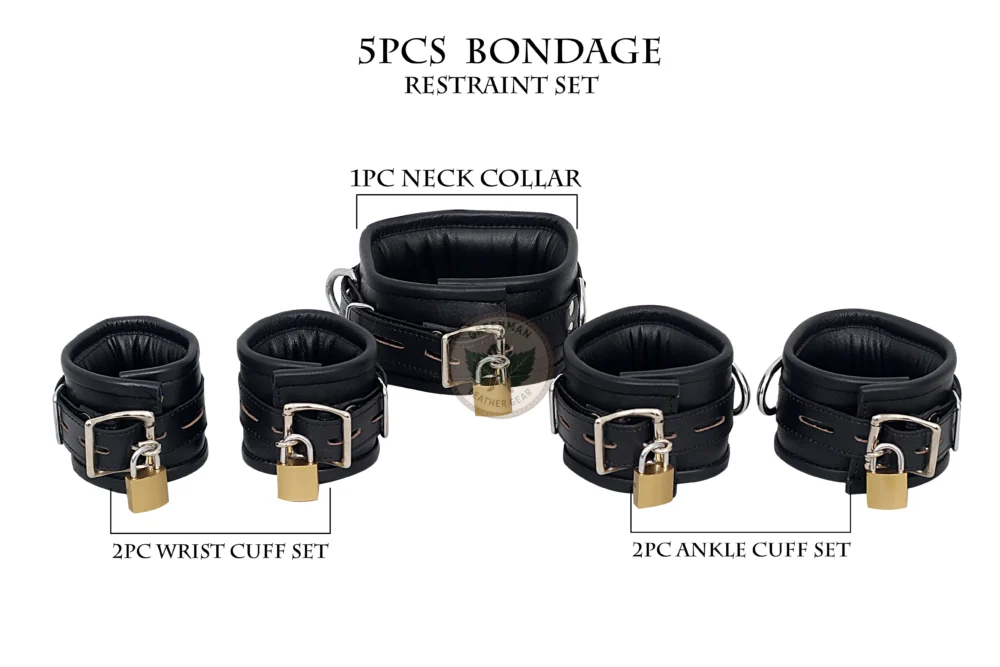 Leather Handcuffs, Leather ankle cuffs, leather BDSM handcuffs, 7 pcs handcuffs set