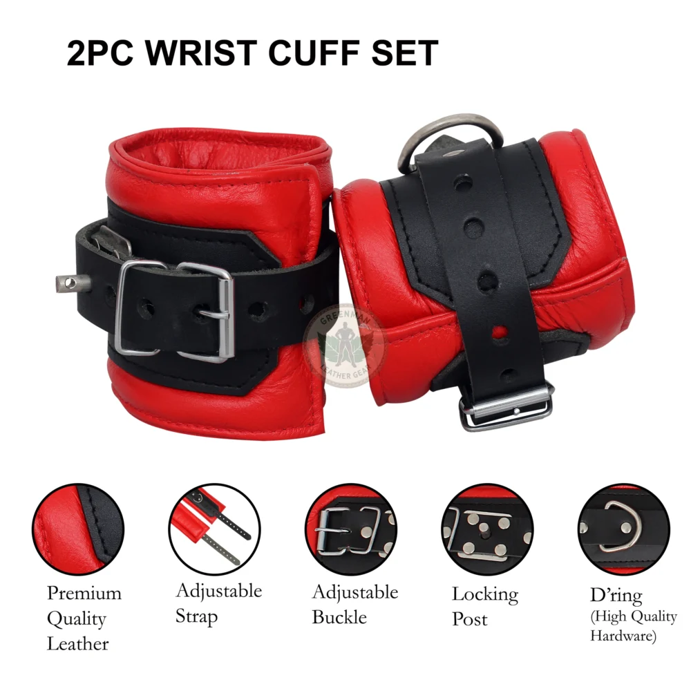 Genuine Leather Handcuffs Set, Leather Handcuffs, Leather ankle cuffs, leather BDSM handcuffs, 7-Piece Handcuffs Set