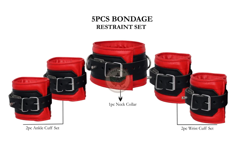 Genuine Leather Handcuffs Set, Leather Handcuffs, Leather ankle cuffs, leather BDSM handcuffs, 7-Piece Handcuffs Set