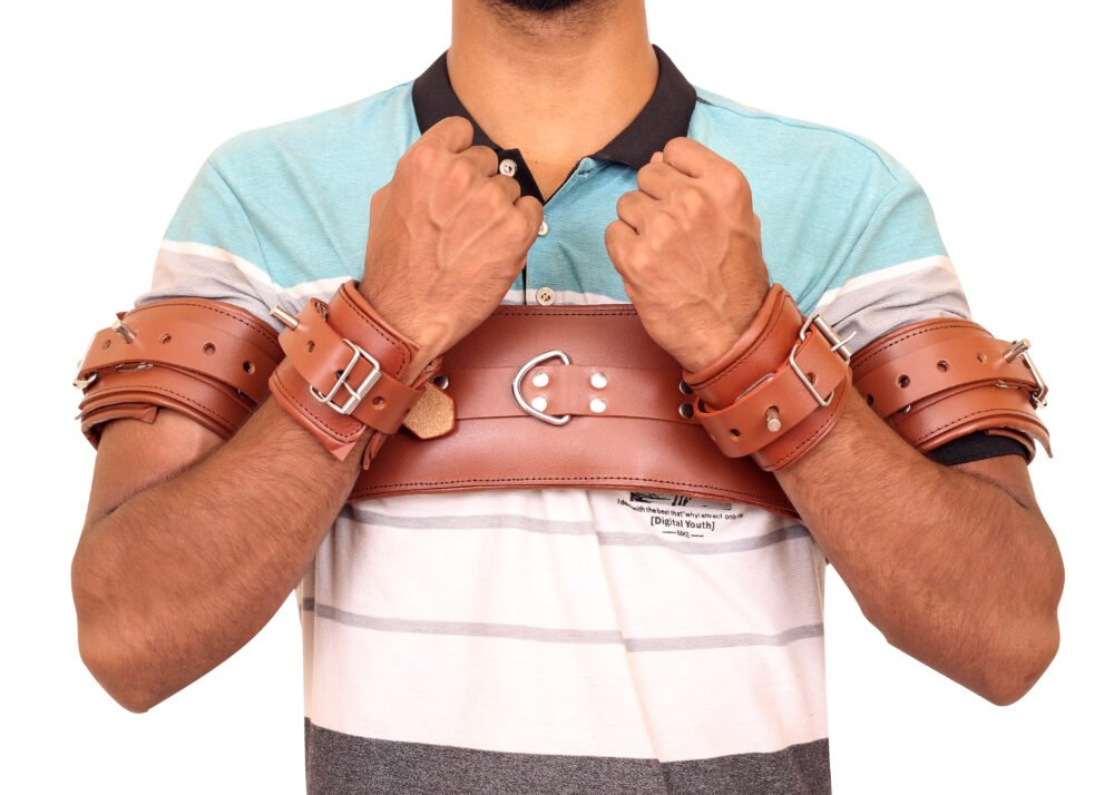 Genuine Leather Bondage Restraints Wrist Chest Handcuffs