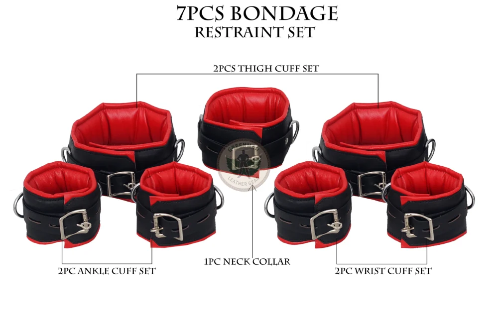Genuine Leather Handcuffs Set, Leather Handcuffs, Leather ankle cuffs, leather BDSM handcuffs, 7 pcs handcuffs set