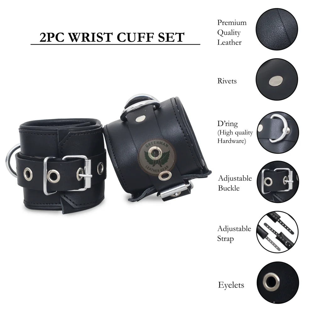 Genuine Leather Handcuffs Set, Leather Handcuffs, Leather ankle cuffs, leather BDSM handcuffs, 7-Piece Handcuffs Set