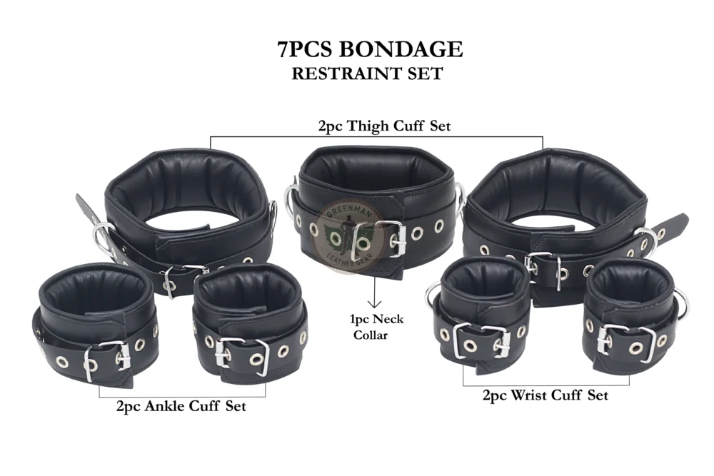 Genuine Leather Handcuffs Set, Leather Handcuffs, Leather ankle cuffs, leather BDSM handcuffs, 7-Piece Handcuffs Set