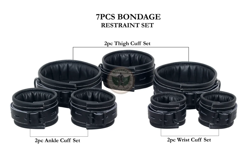 Genuine Leather Handcuffs Set, Leather Handcuffs, Leather ankle cuffs, leather BDSM handcuffs, 7 pcs handcuffs set