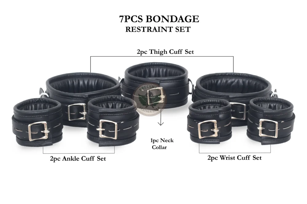 Genuine Leather Handcuffs Set, Leather Handcuffs, Leather ankle cuffs, leather BDSM handcuffs, 7 pcs handcuffs set