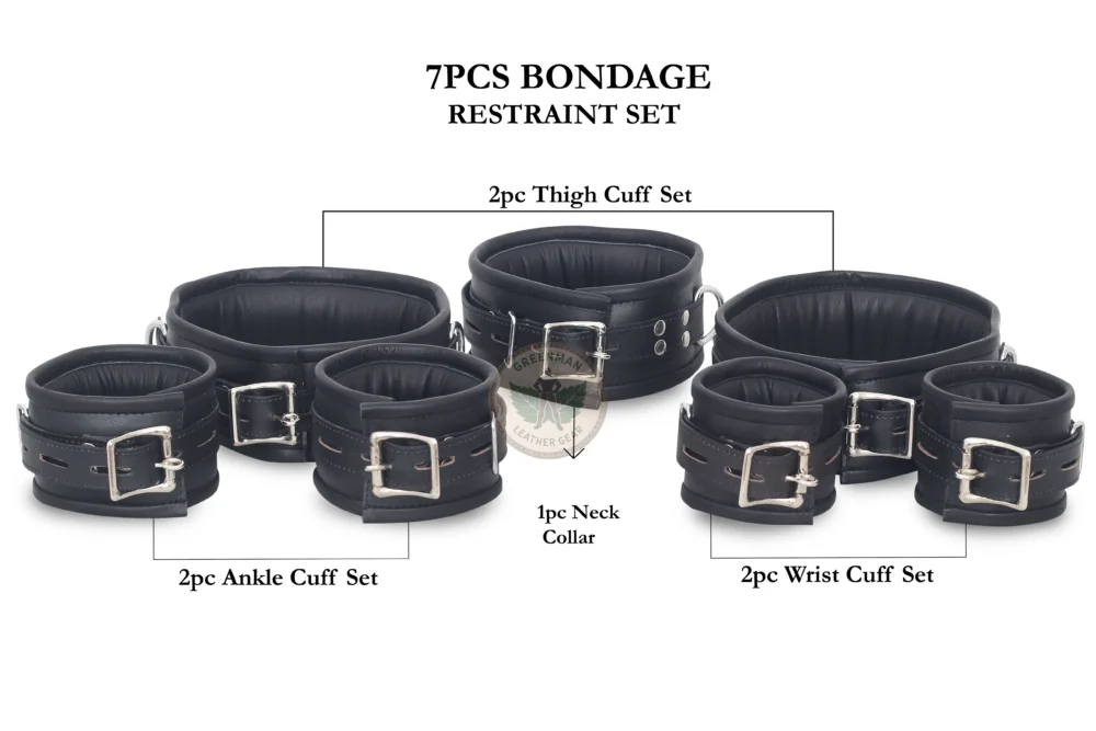 Leather Handcuffs, Leather ankle cuffs, leather BDSM handcuffs, 7 pcs handcuffs set