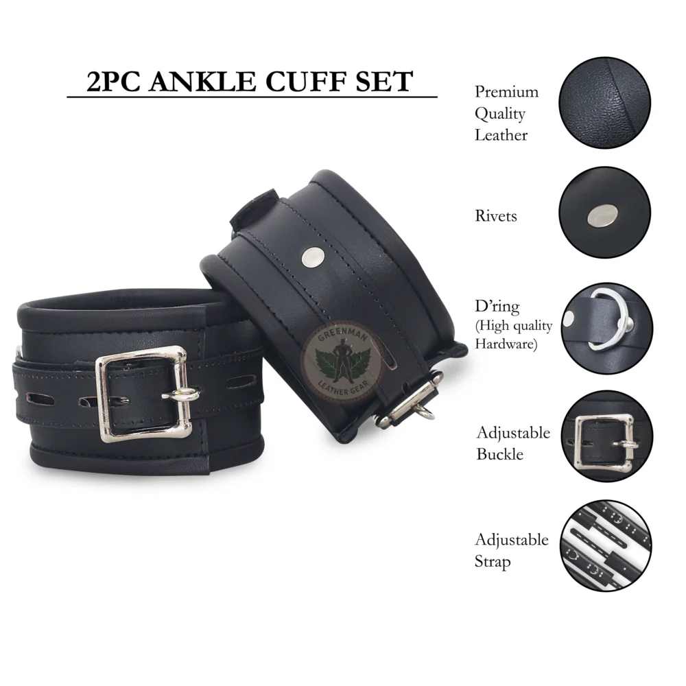 Leather Handcuffs, Leather ankle cuffs, leather BDSM handcuffs, 7 pcs handcuffs set