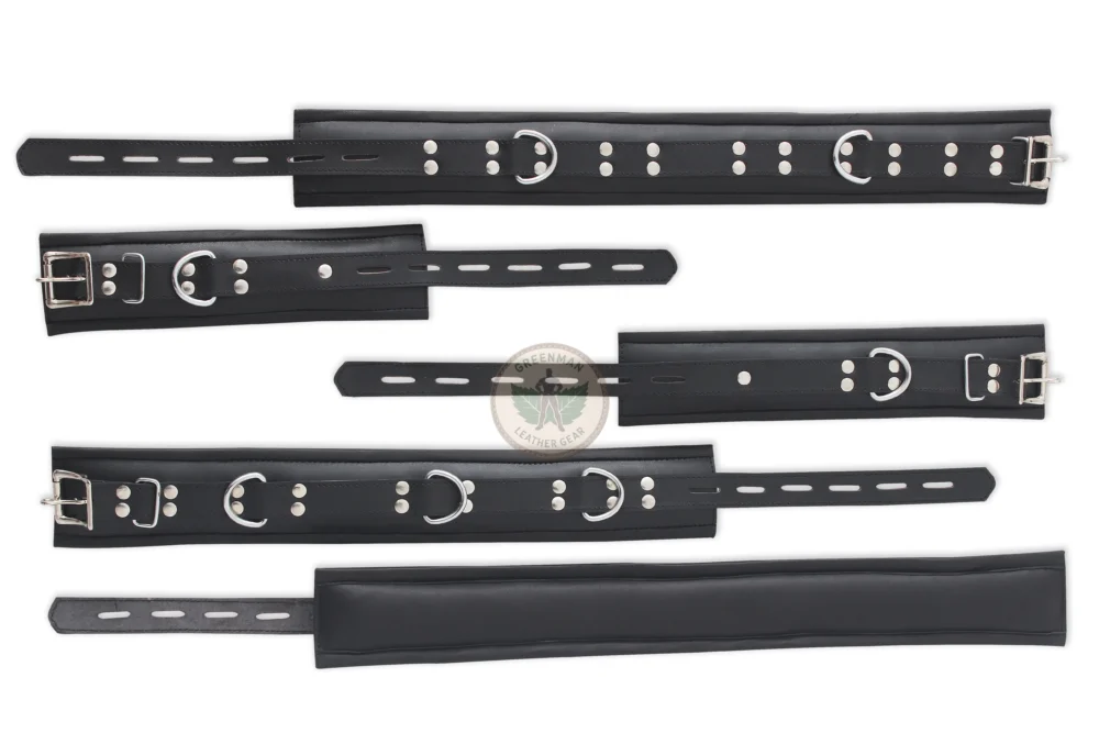 Leather Handcuffs, Leather ankle cuffs, leather BDSM handcuffs, 7 pcs handcuffs set