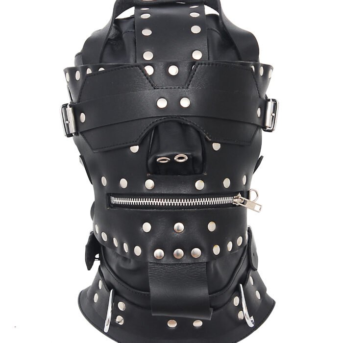 Leather Gimp Hood with Mouth Zipper