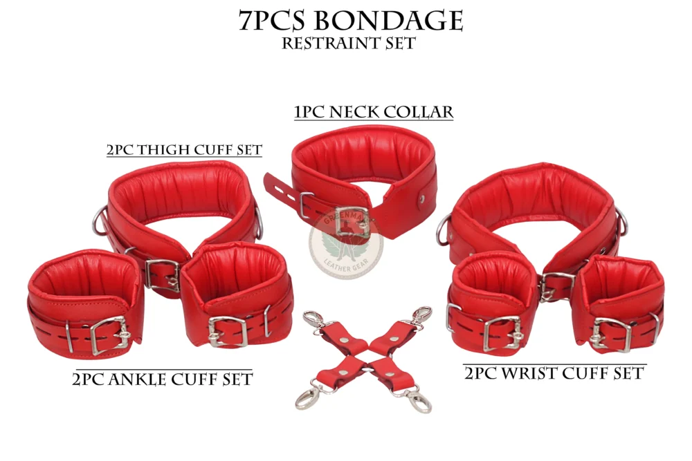 Genuine Leather Handcuffs Set, Leather Handcuffs, Leather ankle cuffs, leather BDSM handcuffs, 7 pcs handcuffs set