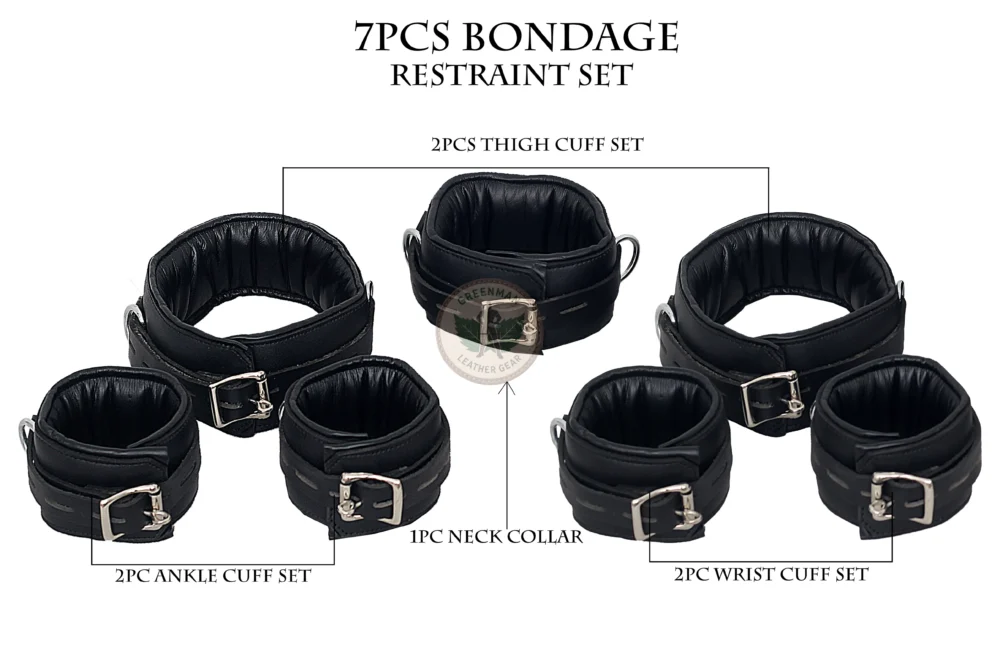 Handcrafted 7 Pcs Set Leather Bondage Handcuffs - Image 12