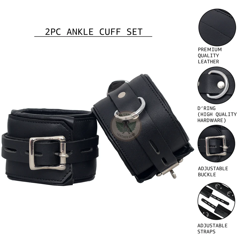 Genuine Leather Handcuffs Set, Leather Handcuffs, Leather ankle cuffs, leather BDSM handcuffs, 7 pcs handcuffs set