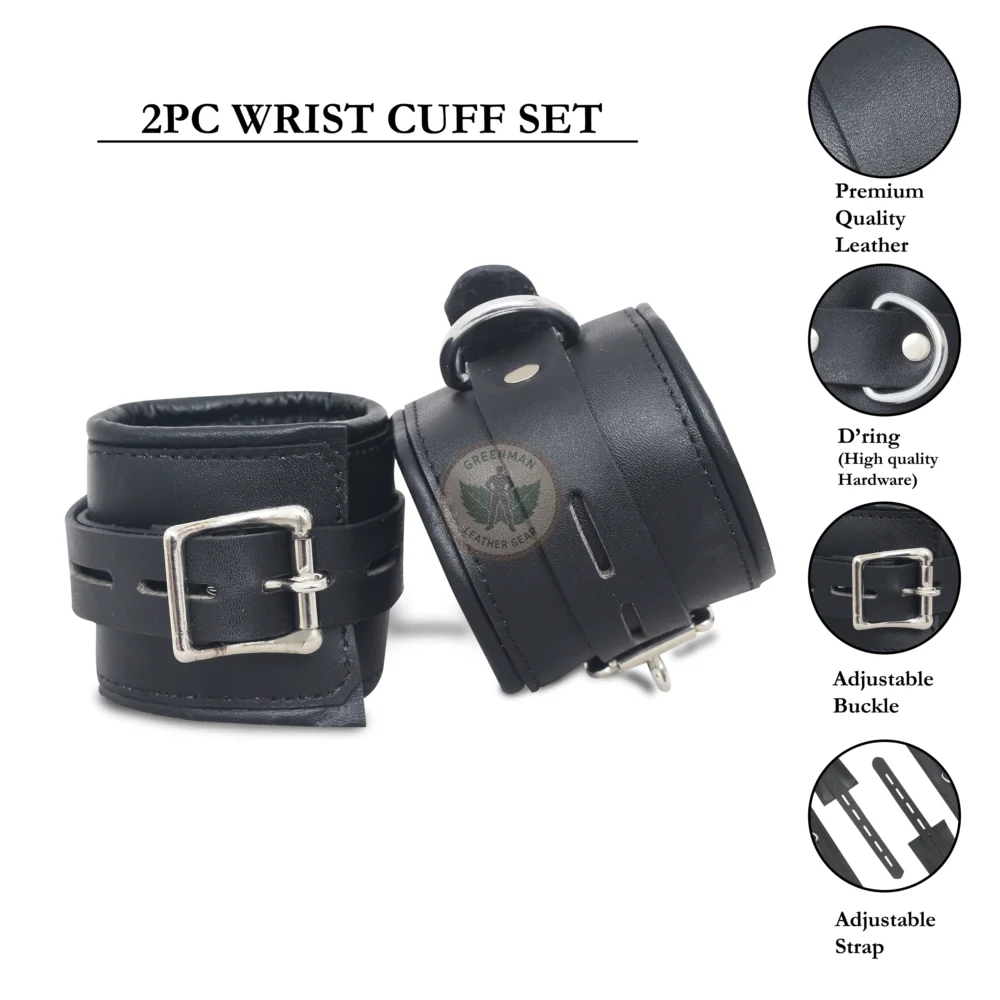 Genuine Leather Handcuffs Set, Leather Handcuffs, Leather ankle cuffs, leather BDSM handcuffs, 7-Piece Handcuffs Set
