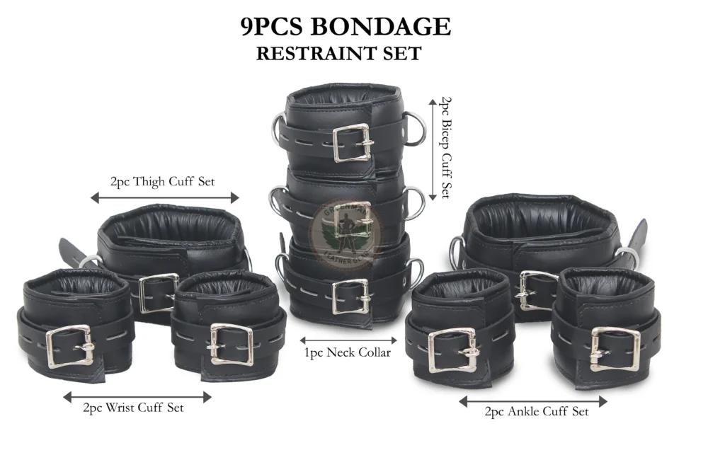 Genuine Leather Handcuffs Set, Leather Handcuffs, Leather ankle cuffs, leather BDSM handcuffs, 7-Piece Handcuffs Set