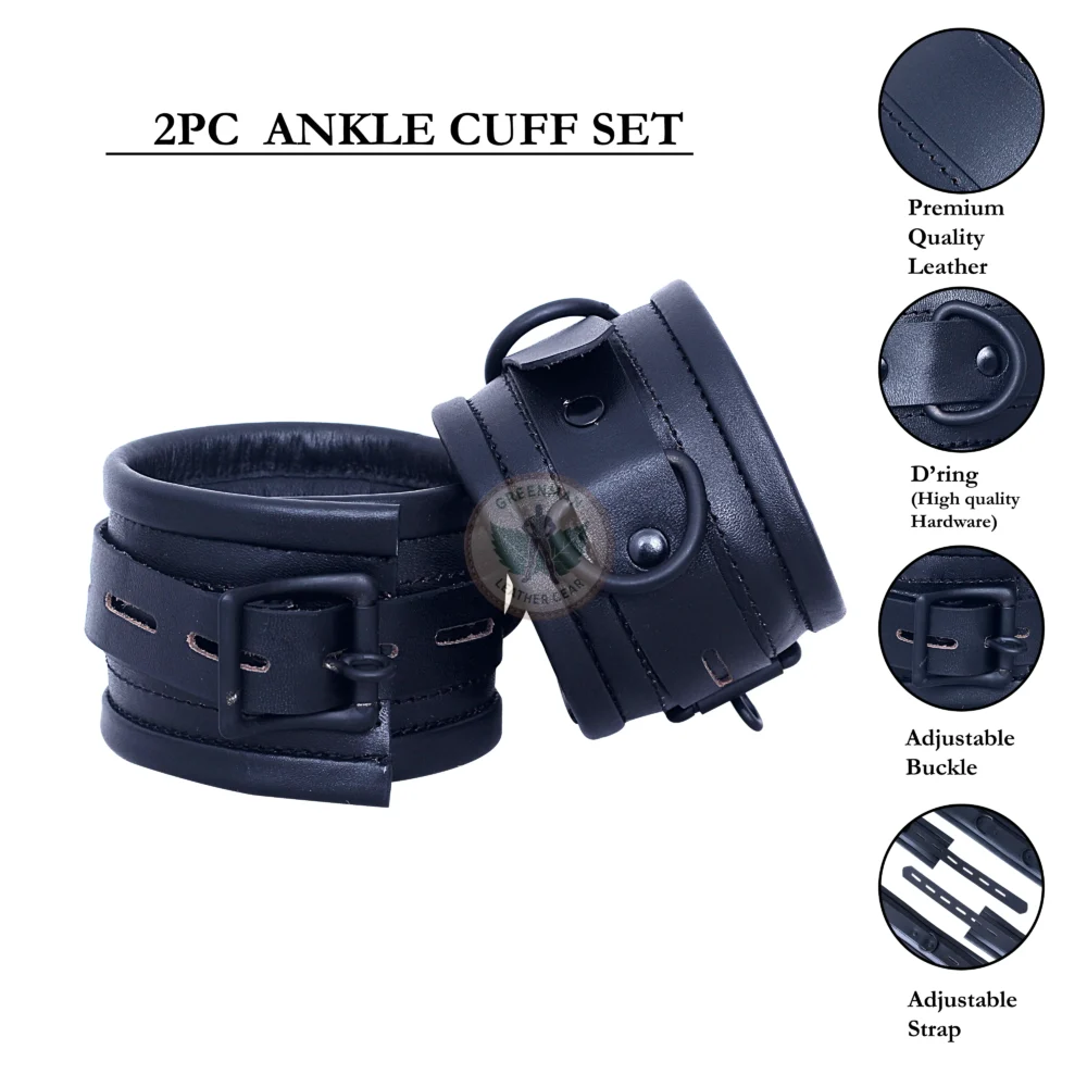 Genuine Leather Handcuffs Set, Leather Handcuffs, Leather ankle cuffs, leather BDSM handcuffs, 7 pcs handcuffs set