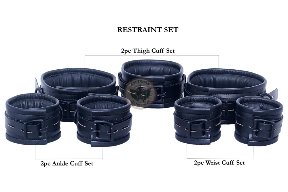 Genuine Leather Handcuffs Set, Leather Handcuffs, Leather ankle cuffs, leather BDSM handcuffs, 7 pcs handcuffs set