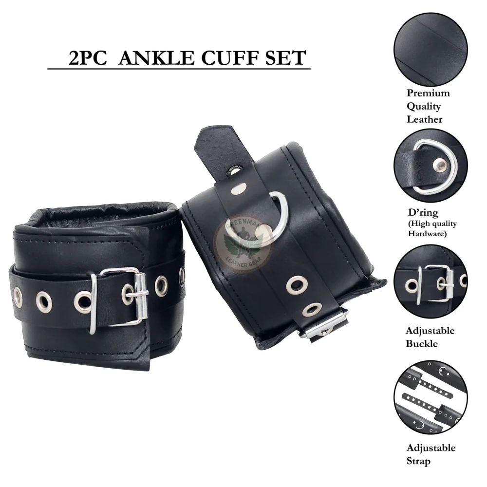 Genuine Leather Handcuffs Set, Leather Handcuffs, Leather ankle cuffs, leather BDSM handcuffs, 7 pcs handcuffs set